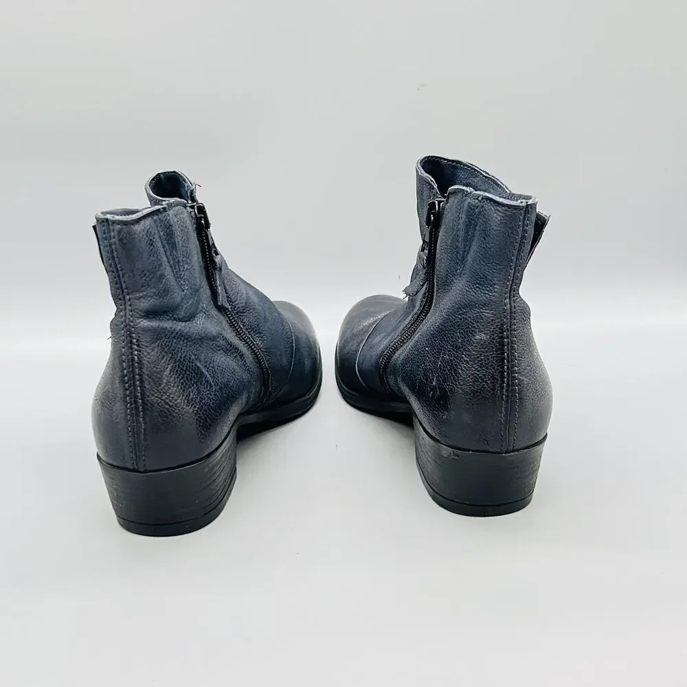Miz Mooz Boots Womens 7.5 Blue Leather Ankle Zip Low Block Heel Booties Shoes